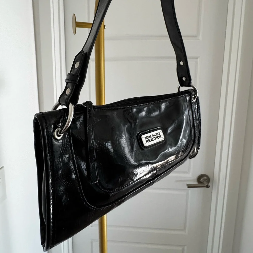 Y2K Vintage Vegan Patent Leather Versatile‎ Slim Bag Black Pouchette Cyber 90s - Picture 3 of 13